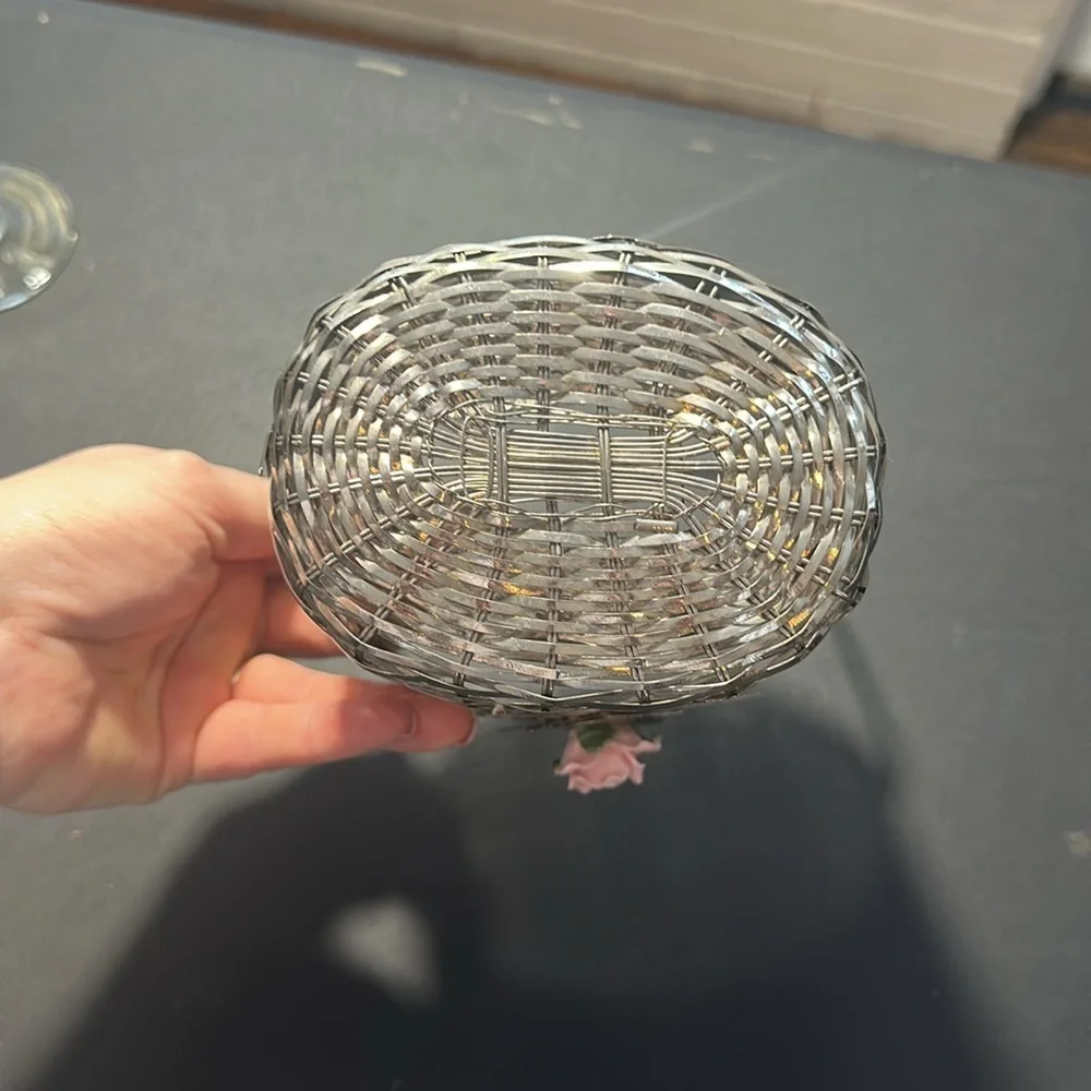 Vintage silver plated basket with pink rose